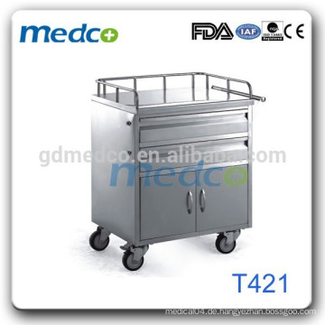 Krankenhaus Stainess Stahl medizinische Trolley mit Schubladen auf Rädern T421